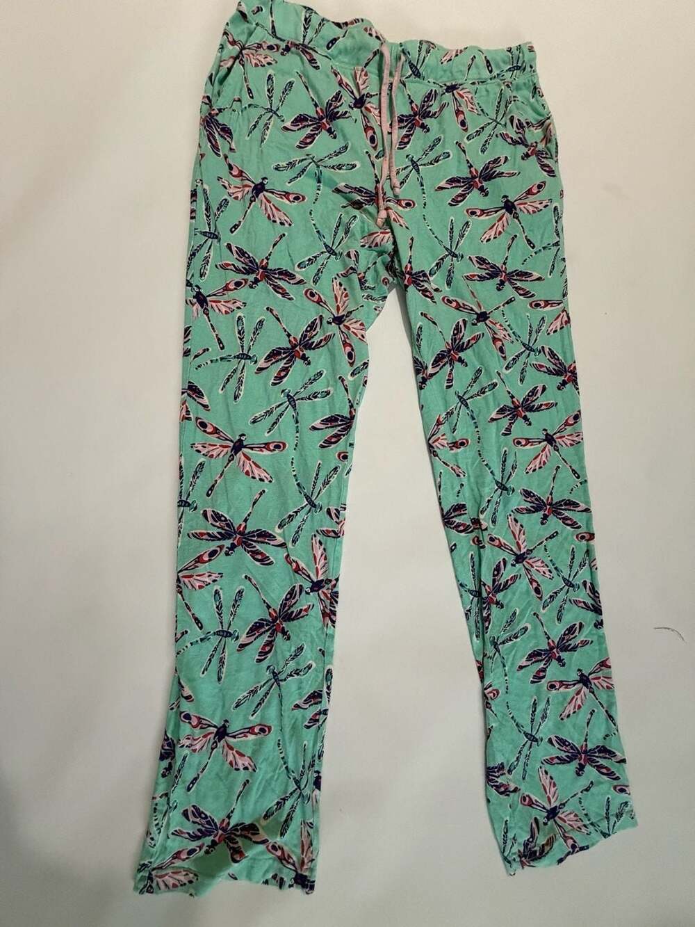 Munki Munki Pajama Pants L Green Dragonfly Print Drawstring Lounge Cotton Wide